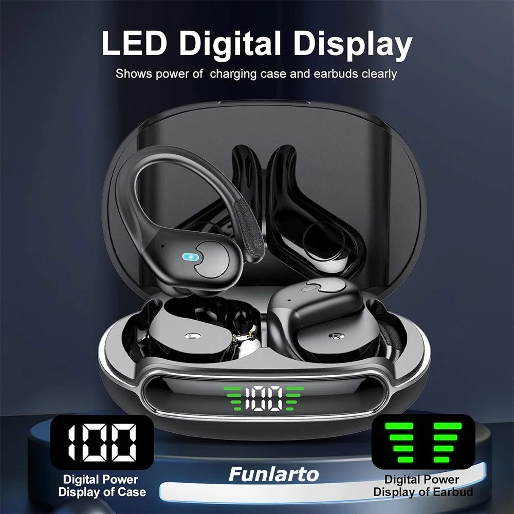 Auriculares deportivos Bluetooth IPX7 auriculares inalámbricos impermeables 60 horas de música con micrófono pantalla LED de potencia gancho para la oreja suave auriculares TWS