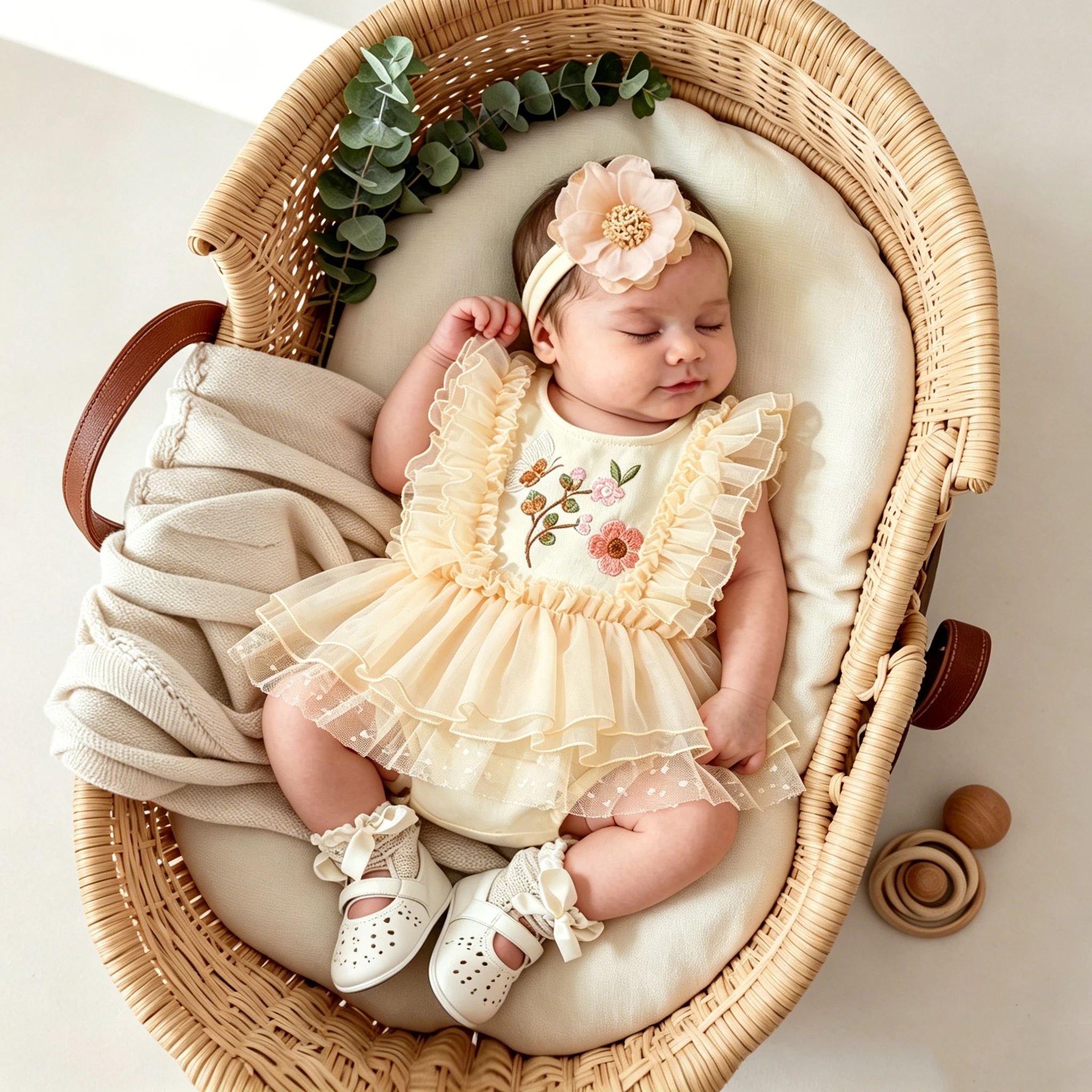 Conjunto de Tutú para Bebé Recién Nacida, Body de Tul con Bordado de Mariposas y Flores, Sin Mangas, con Diadema de Flores para Fotografía