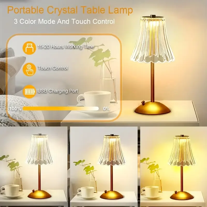 Lámpara de Escritorio LED de Cristal Vintage, Carga USB, Adecuada para Dormitorios y Salas de Estar, Crea Fácilmente una Atmósfera Cálida