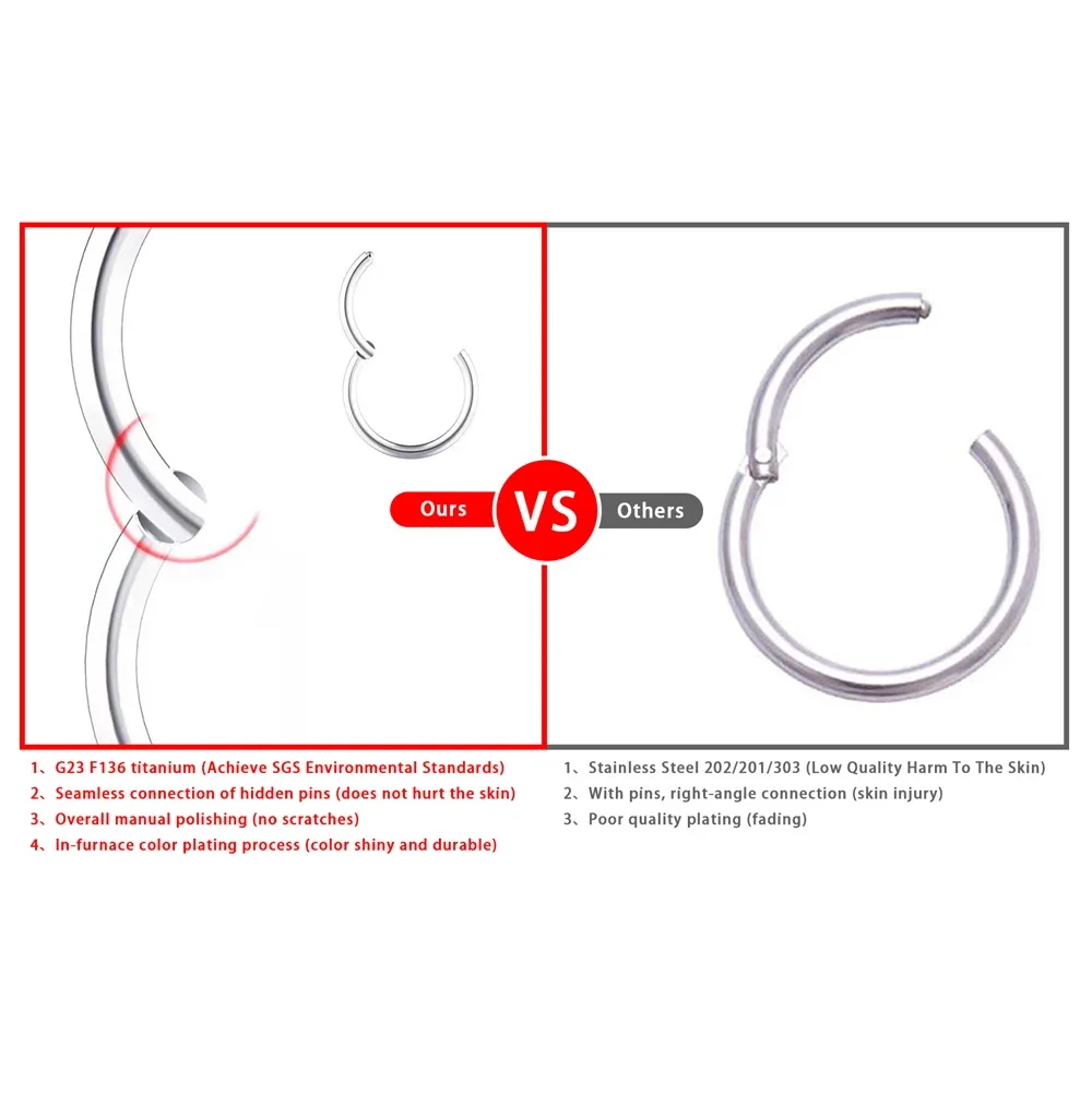 10 Uds. Anillos para la nariz G23, anillo de titanio para la nariz para mujeres y hombres, joyería para Piercing, aro para la oreja, Clips para el cuerpo de colores mezclados con bisagras