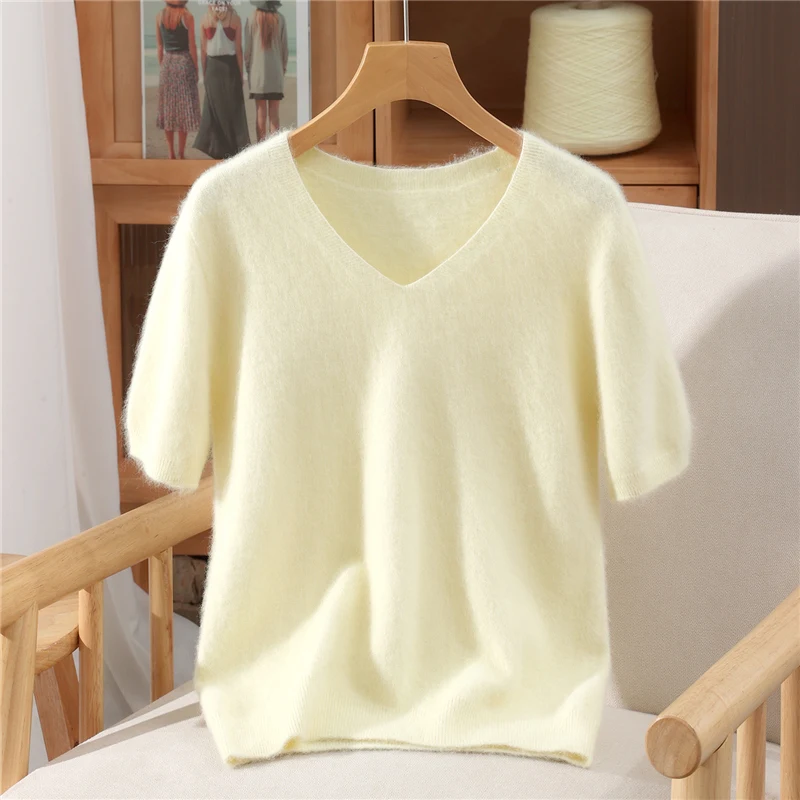 Suéter de punto de Cachemira de visón puro 100% de manga corta para mujer, nueva camiseta con cuello en V, Top informal, camisa básica de Color sólido