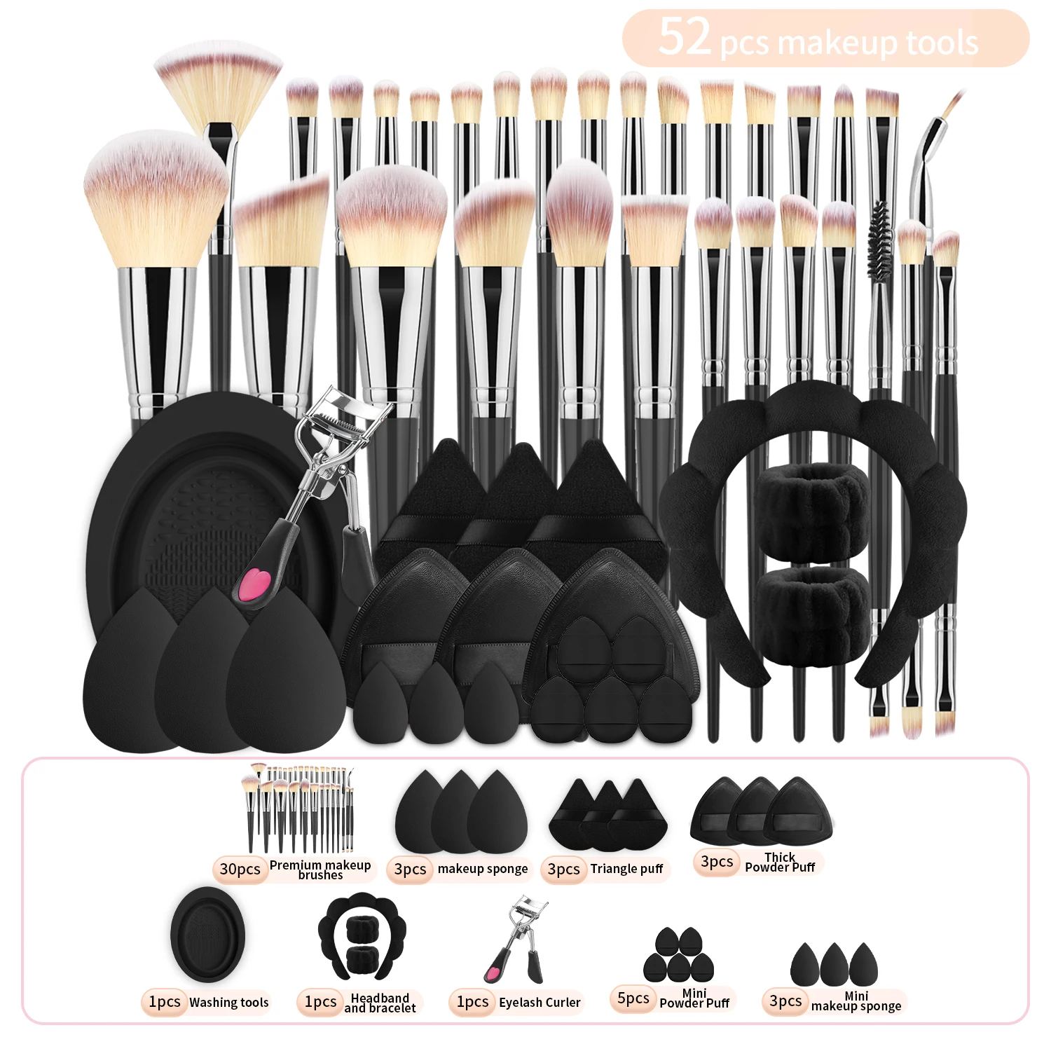 Set de 52 Piezas de Herramientas de Maquillaje con 30 Brochas, Brocha para Polvo, Brocha para Base + Esponjas, Borlas, Rizador de Pestañas, Diadema para Lavar la Cara