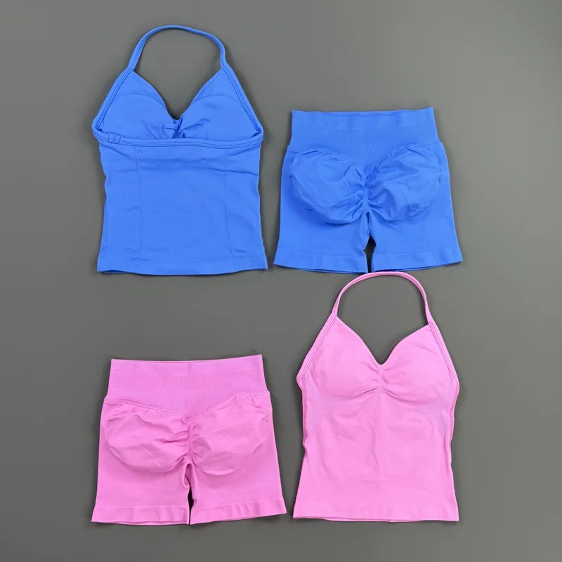 Conjunto Deportivo HISTELLO de 2 Piezas para Mujer, Top Largo con Tirantes, Conjunto de Yoga Sin Costuras, Shorts Deportivos con Efecto Push-Up, Traje de Fitness para Entrenamiento