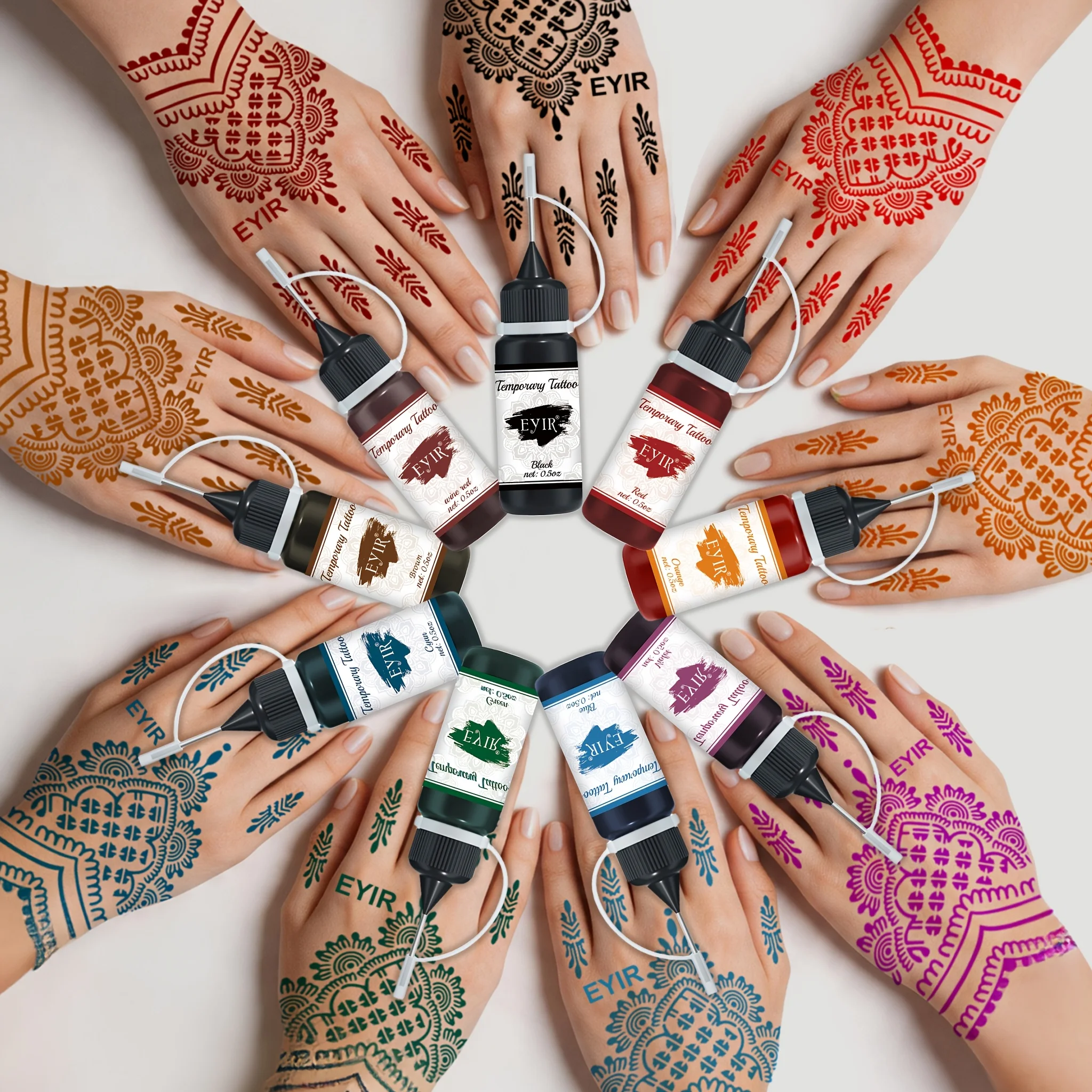 Kit de Tatuajes de Henna, 9 Colores, Pasta para Tatuajes con Plantillas, Arte Corporal Temporal, Pintura a Mano DIY, Decoración para Fiestas y Festivales