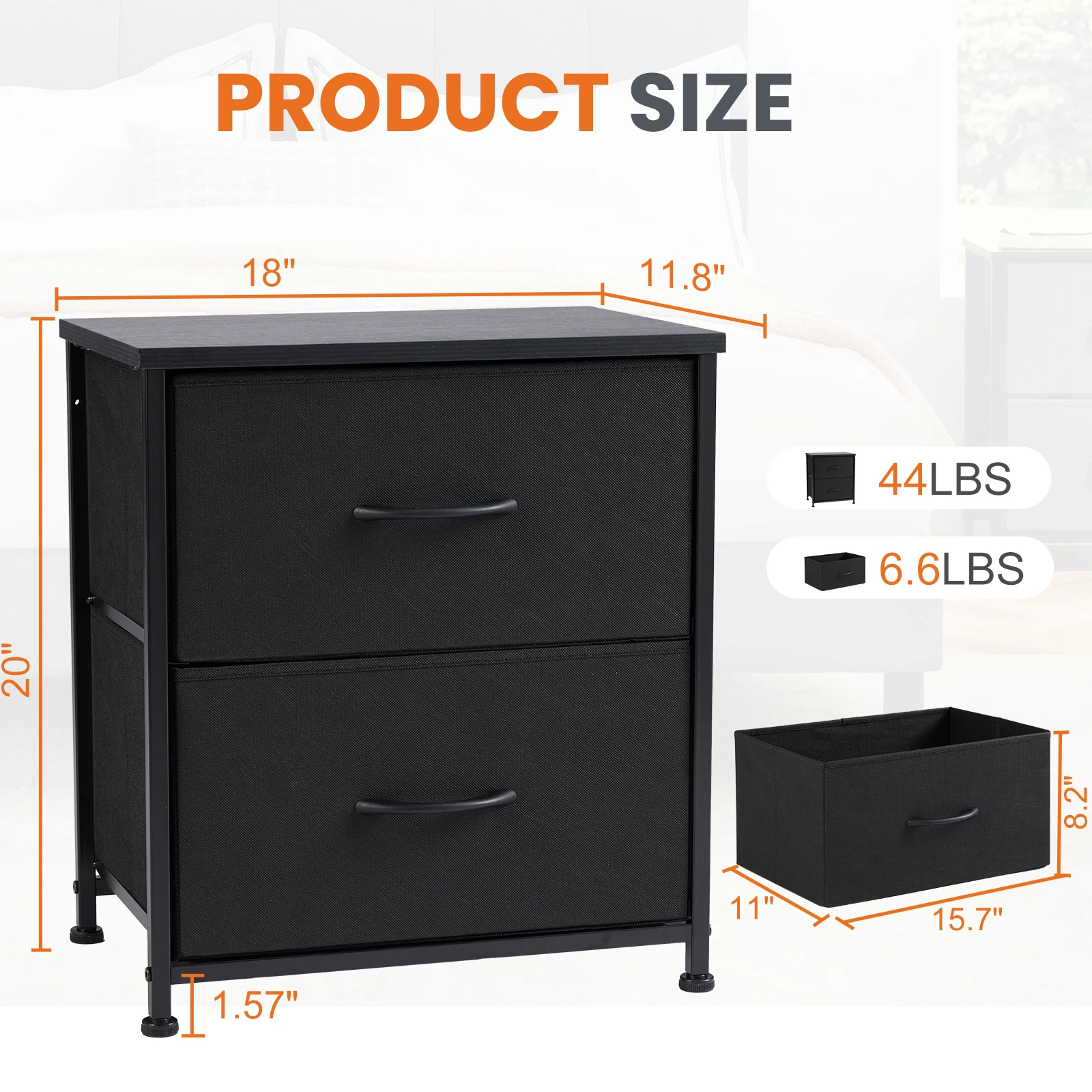 JHK mesita de noche, sofá de café, mesa de té, armario de almacenamiento, pecho, exhibición de ropa para dormitorio, 2 cajones de tela, mueble