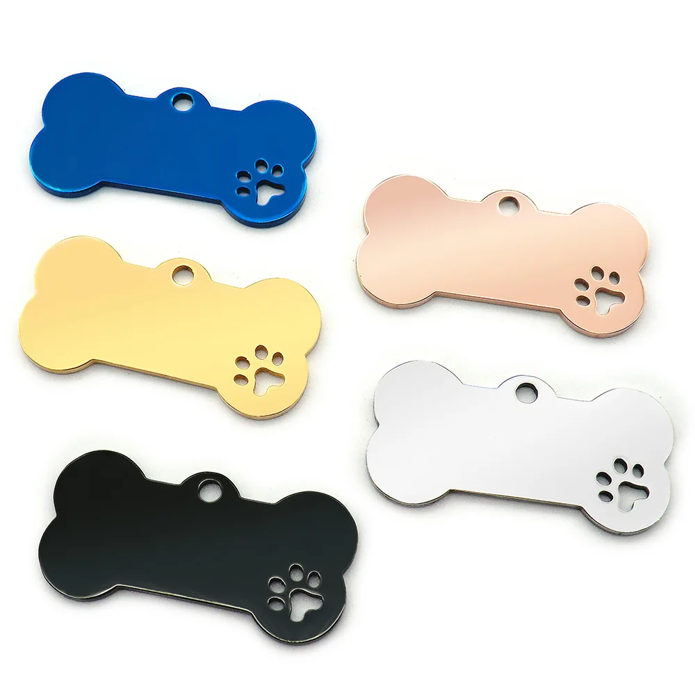 Venta al por mayor de 20 unidades de etiquetas de identificación personalizadas para mascotas, de acero inoxidable, con forma de hueso, grabadas con nombre, colgante para cachorros y perros, accesorios para mascotas.