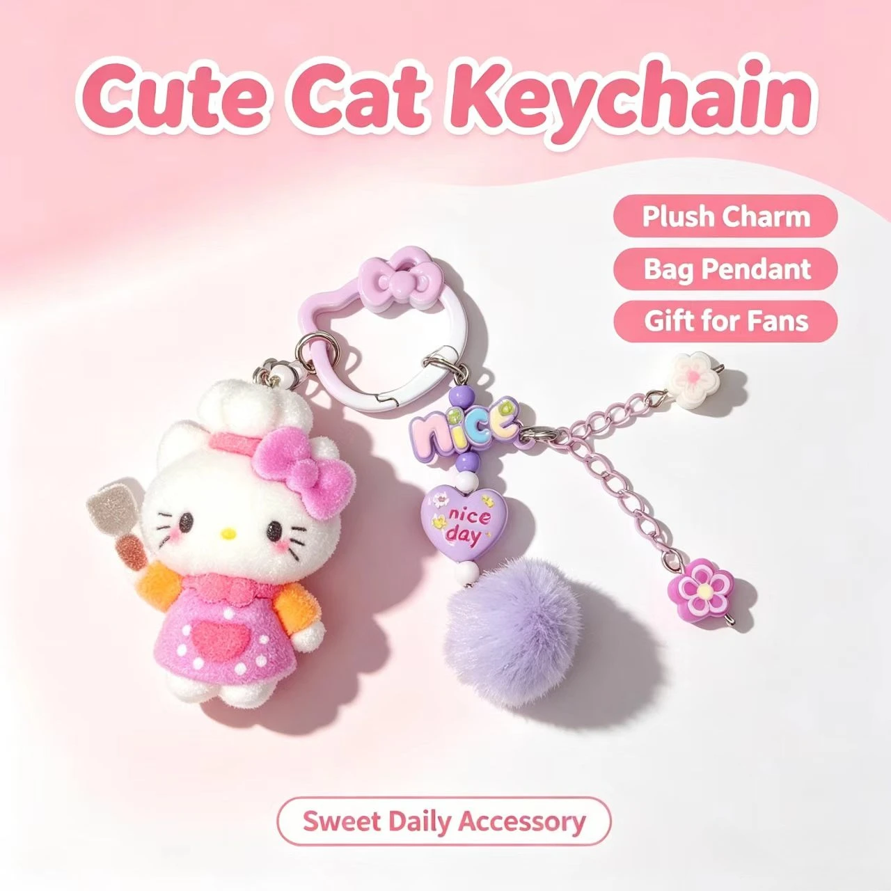 Lindo Llavero de Gato KT, Colgante de Muñeco Flocado para Bolso, Adorno de Flor con Pompón, Decoración de Moda para Llaves de Coche, Regalo