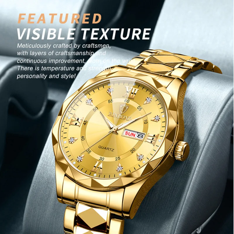 BINBOND-Reloj de pulsera de acero inoxidable para hombre, cronógrafo de lujo con botón oculto, cierre luminoso, resistente al agua, con fecha y semana