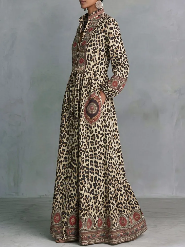 UOOZEE 2026 Vestido Maxi Étnico Vintage con Estampado de Leopardo para Mujer, Mangas Largas, Cintura Alta, Elegante Vestido Camisero de Noche con Cuello Alto