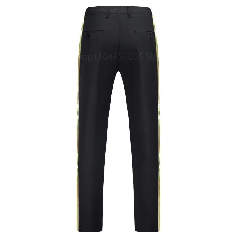 XS-6XL pantalones de traje negros para hombre, pantalones formales informales con ribete de cuero dorado para oficina, pantalones formales rectos elásticos