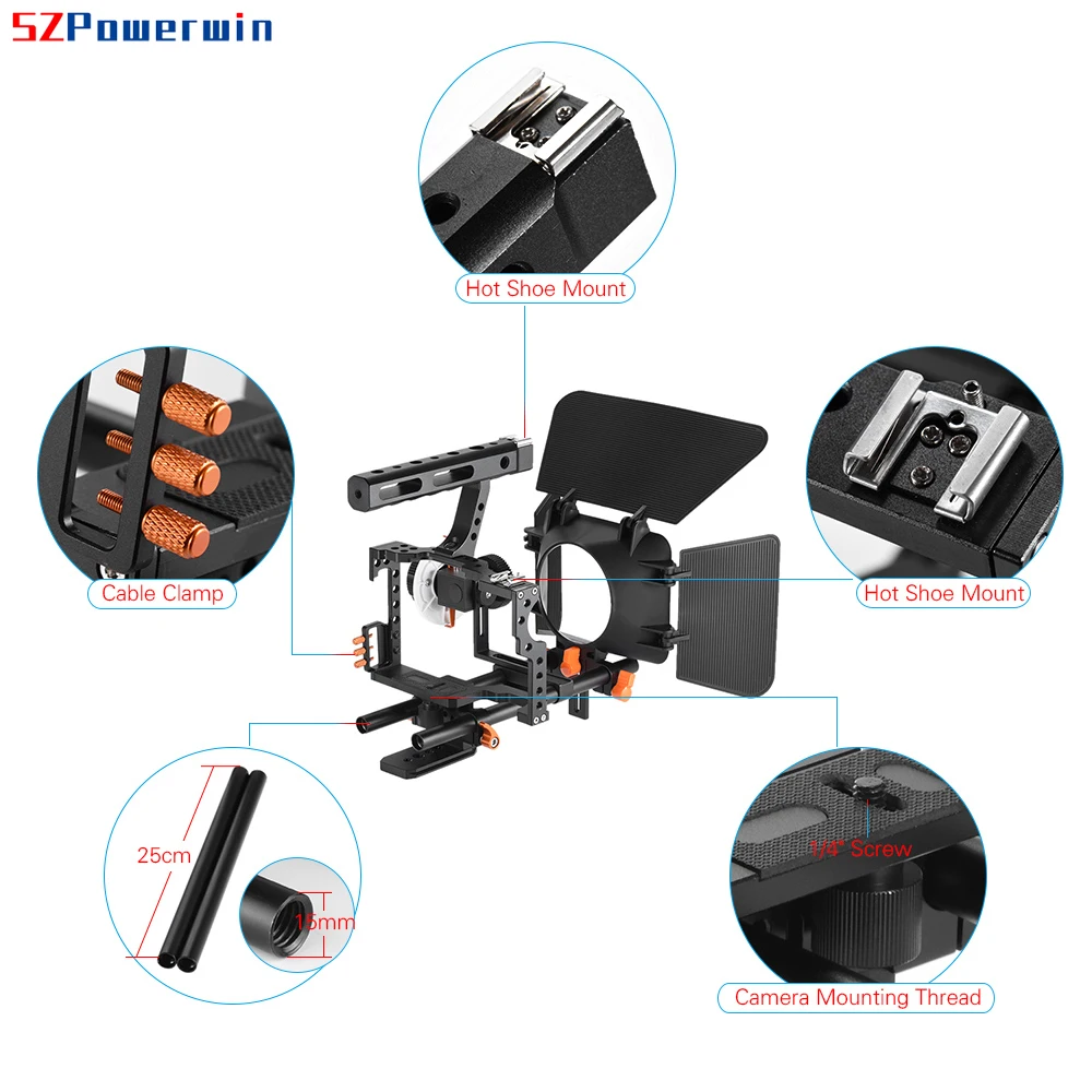 Kit de jaula Powerwin C500 para GH4, A7S, A7, A7R, A7RII, A7SII, DSLR, cámara de estudio fotográfico, Rig, estabilizador deslizante, Follow Focus, juego de puerta de Granero