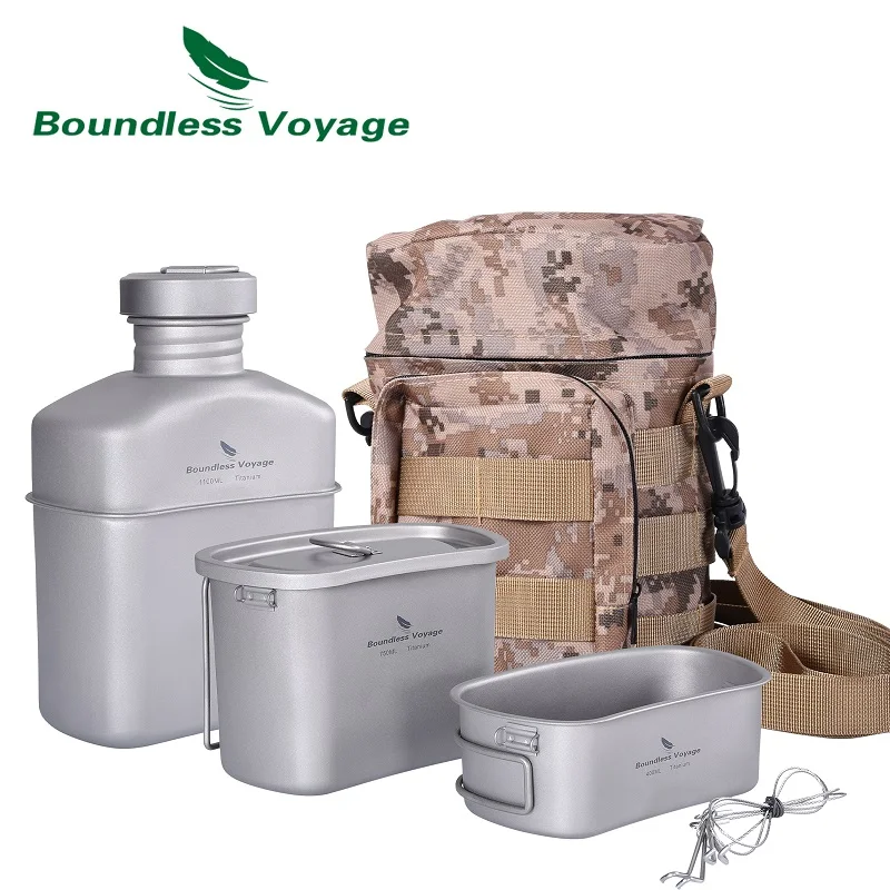 Juego de Tazas de Titanio para Camping Boundless Voyage, 1100ml+750ml+400ml, con Tapa y Cadena, Utensilios de Cocina para Exteriores