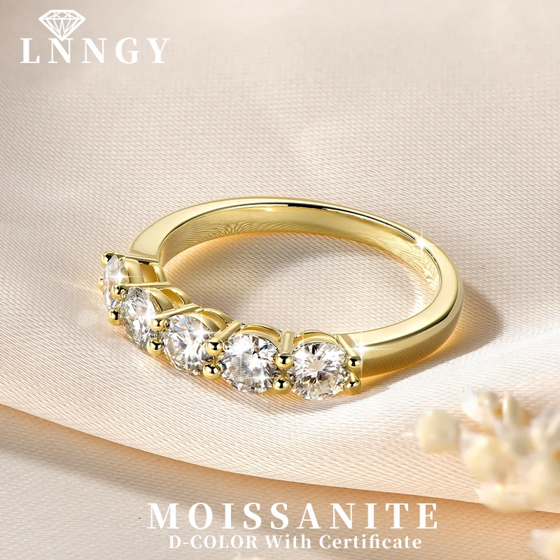Anillo de moissanita de cinco piedras de 4mm certificado por Lnngy, anillos de aniversario de media eternidad rellenos de oro de 14K para mujer, regalo de joyería para fiesta