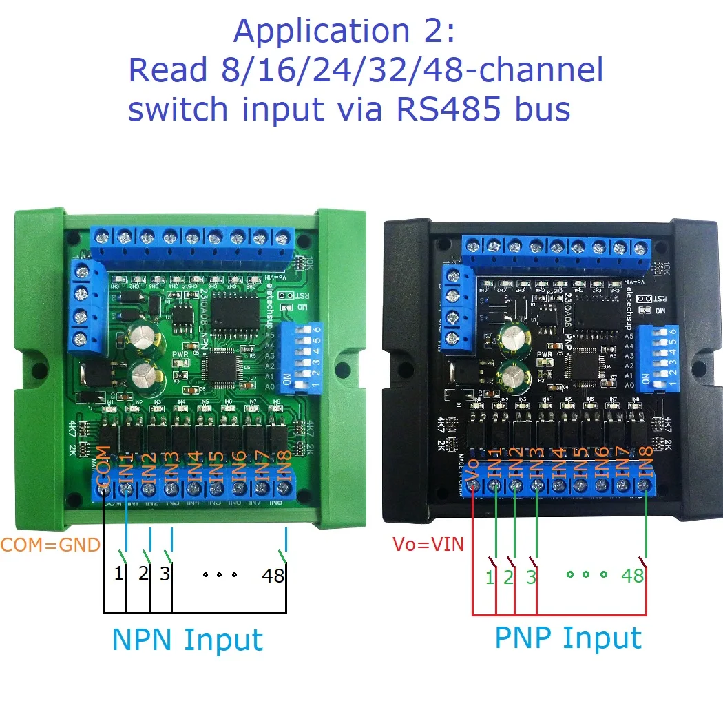 Placa de interruptor de Control remoto maestro-esclavo RS485 IO de 32 canales, entrada de aislamiento NPN/PNP, salida MOS de 300MA, módulo de expansión PLC Modbus RTU