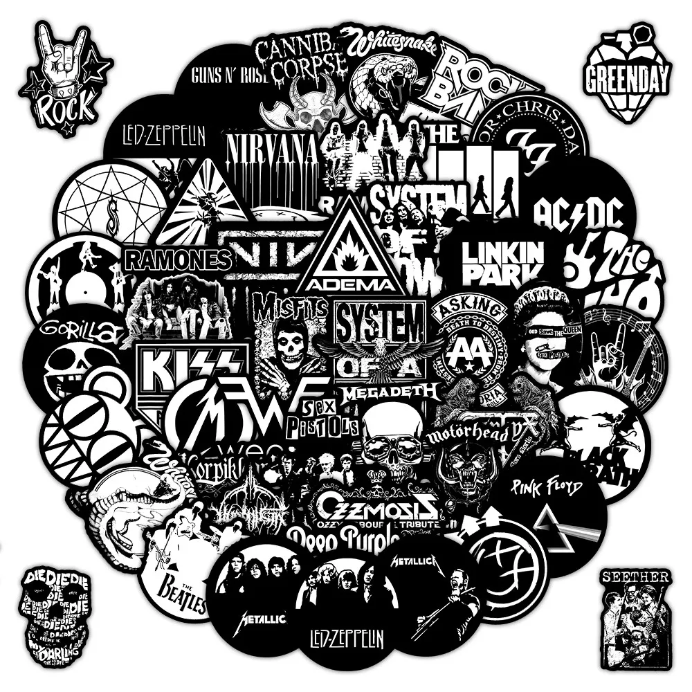 55 Pegatinas de Bandas de Rock - Calcomanías con Temática Musical para Guitarras, Maletas, Cuadernos y Manualidades DIY - Tienda de Pegatinas Giajar
