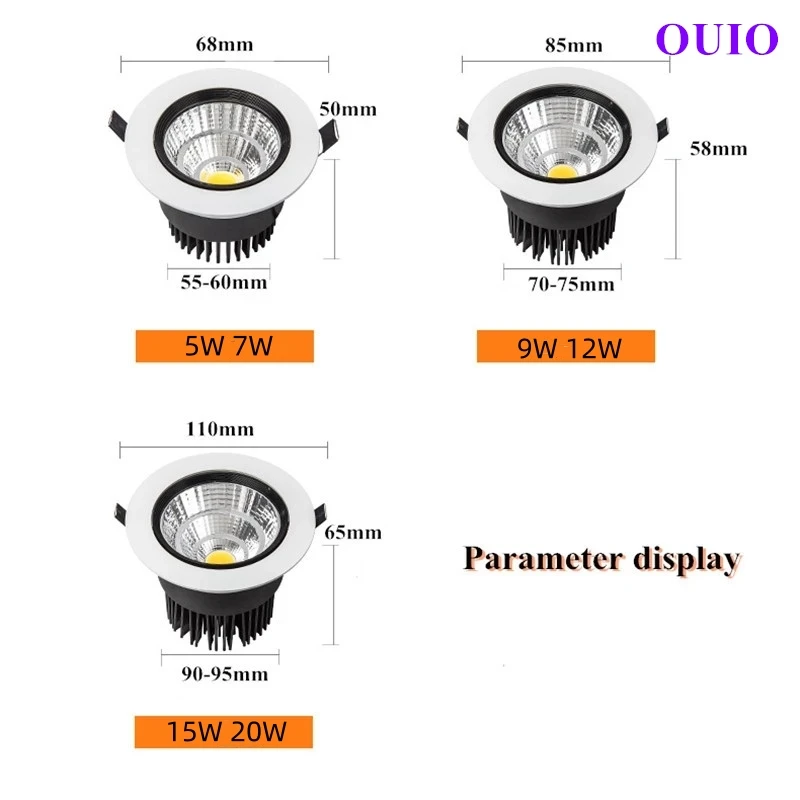 Luces empotradas redondas regulables LED 20W 15W 12W 9W 7W 5W COB lámparas de techo focos AC90 ~ 260V controlador de potencia de iluminación interior