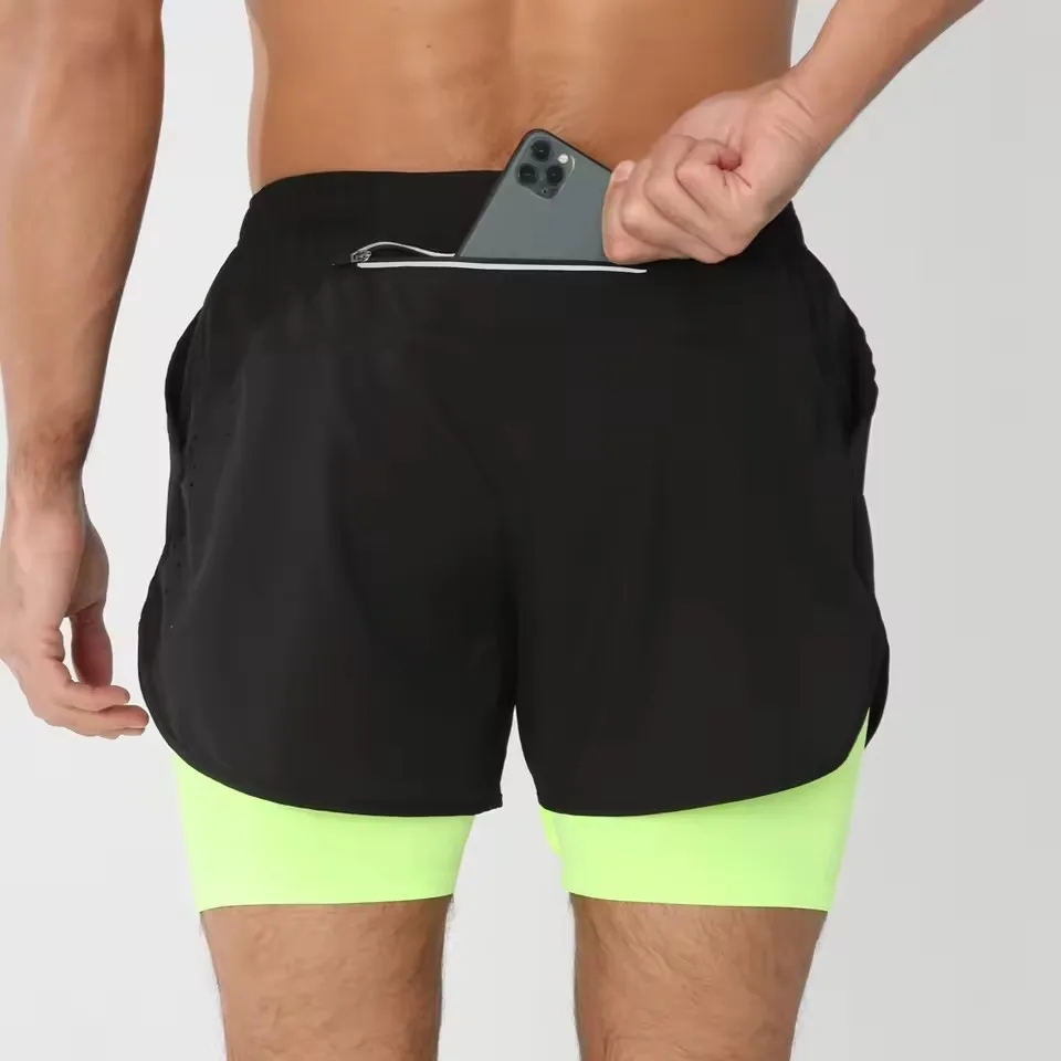 2025New pantalones cortos para correr para hombre, pantalones cortos deportivos para gimnasio 2 en 1, entrenamiento de secado rápido, gimnasio, Fitness, trotar, pantalones cortos, pantalones cortos de verano para hombre