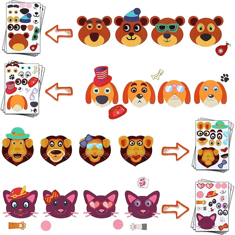 Juego de pegatinas de rompecabezas DIY para niños, 12 hojas, Cara de animales, ensamblaje divertido, pegatinas, juguetes educativos, regalos para niños y niñas