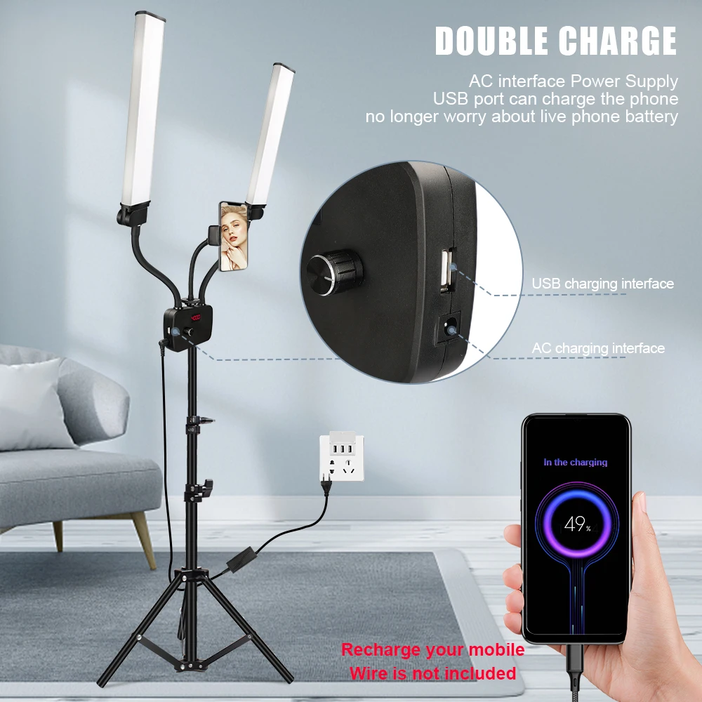 Luz de relleno LED de doble brazo para estudio fotográfico, tiras largas, lámpara de anillo LED con trípode, pantalla LCD, iluminación para selfies fotográfica de 3200-5600K