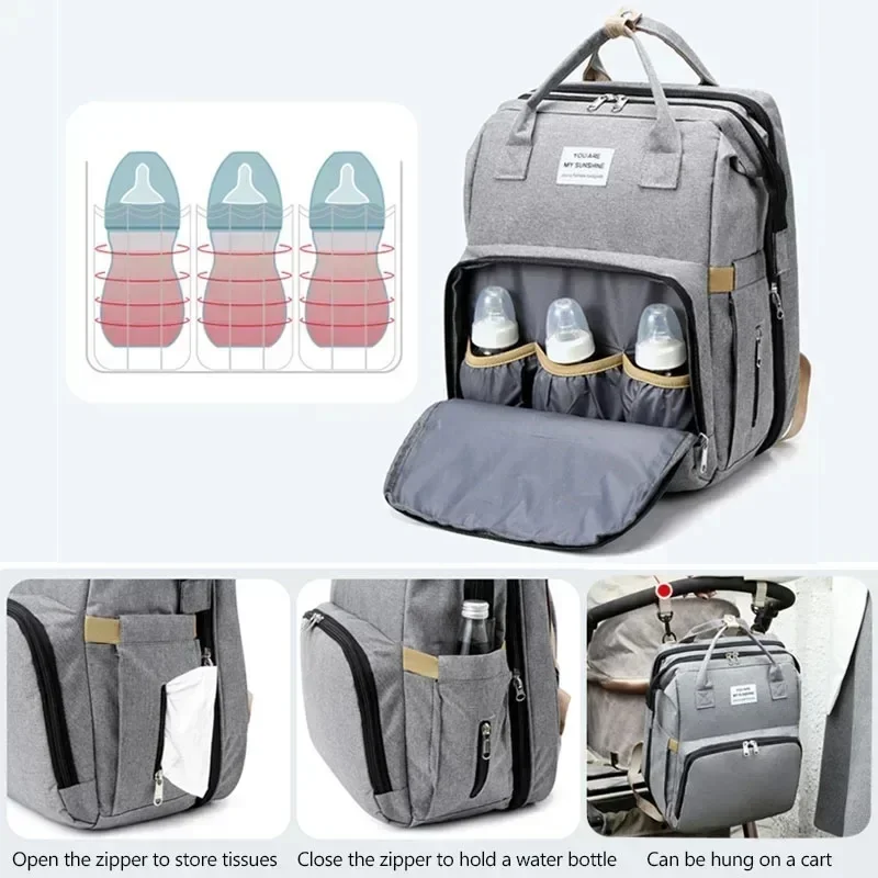 Mochila Pañalera de Gran Capacidad para Mamá con Cambiador, Cama Plegable para Bebé y Bolsa de Lactancia para Almacenamiento de Biberones