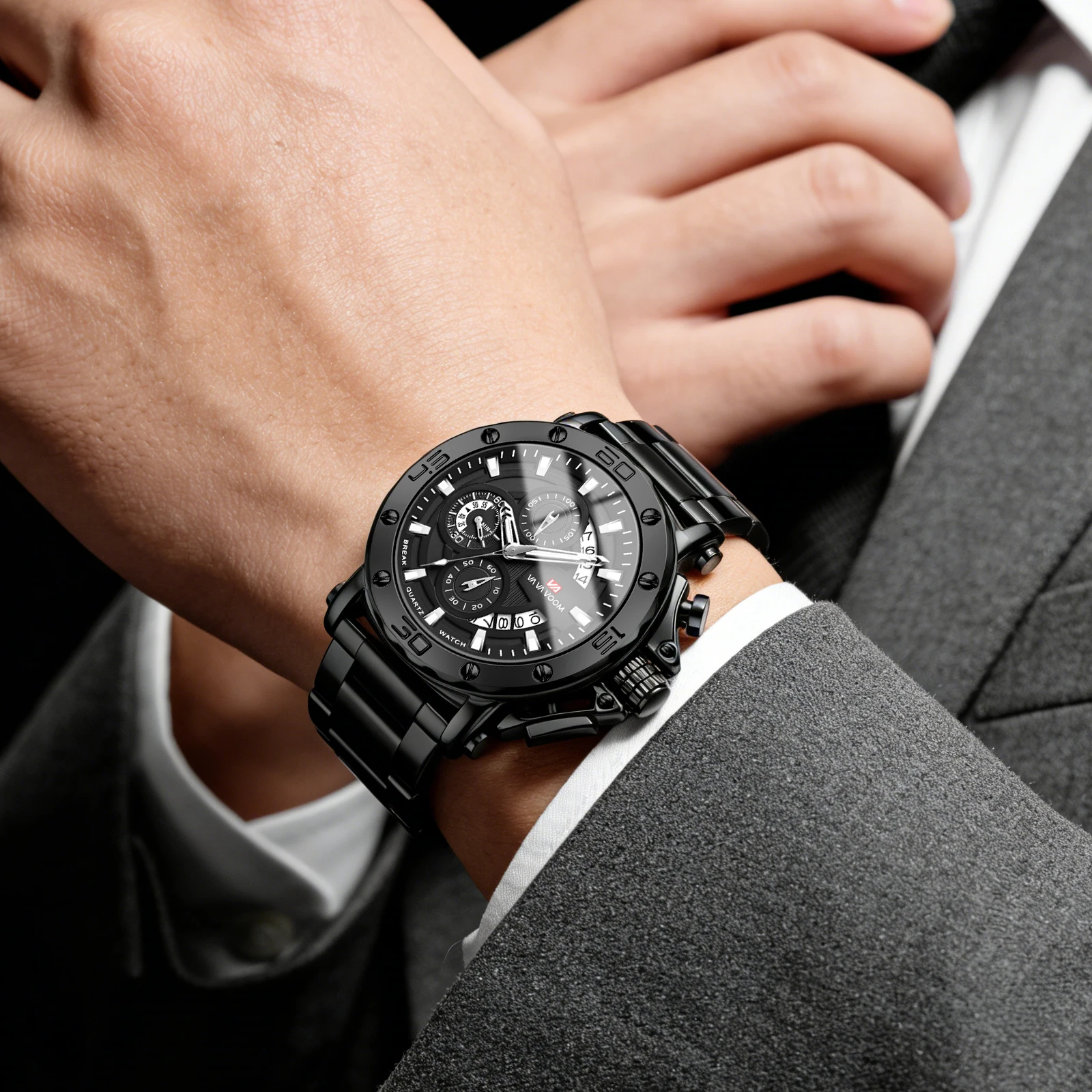 Reloj Deportivo Multifuncional para Hombre, 46 mm, Correa de Acero Inoxidable Plateada, Esfera Luminosa de Moda, Reloj de Cuarzo Resistente al Agua para Hombre