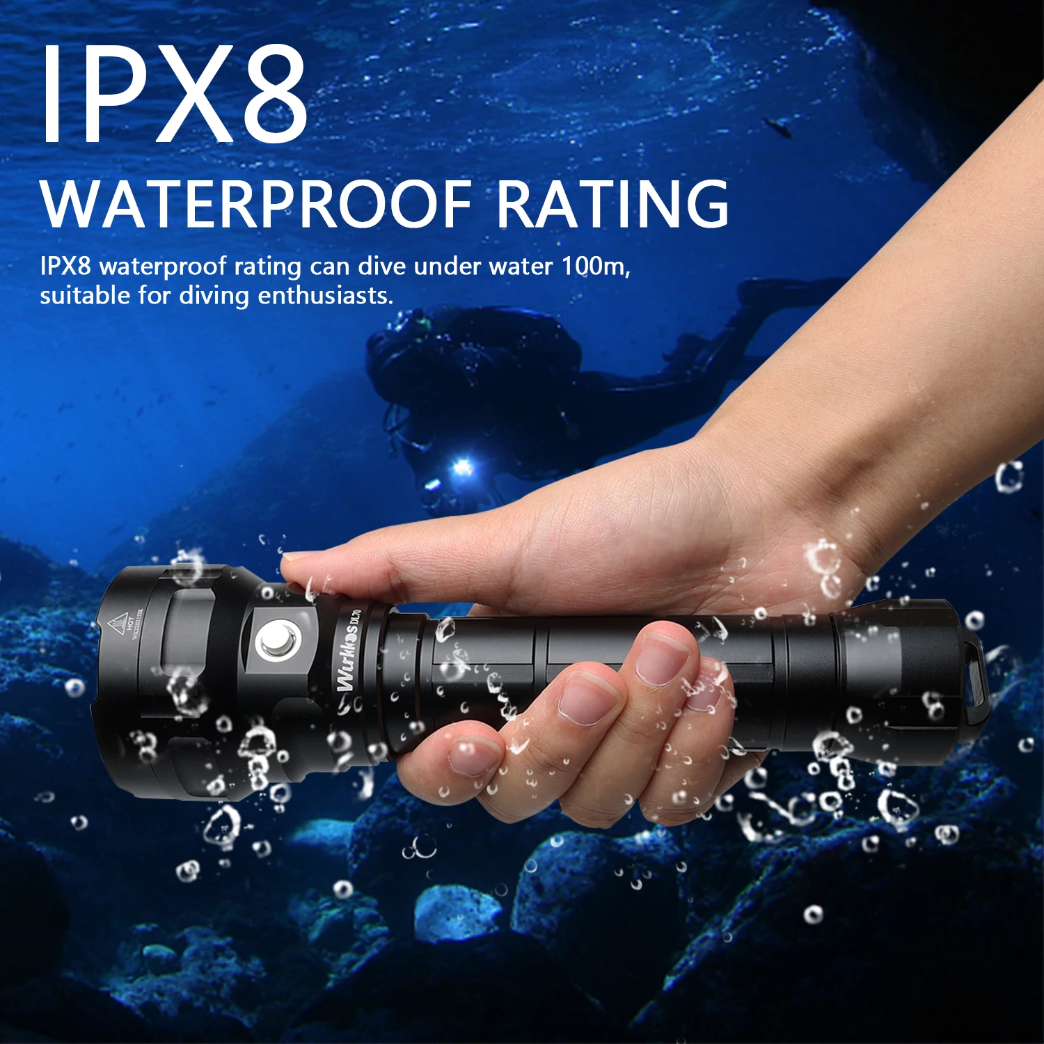 Linterna de Buceo Wurkkos DL70 Ultrabrillante, Doble Batería 26650, 13000 Lúmenes, Resistente al Agua IPX8, Luz LED 4*XHP50B, 4 Modos