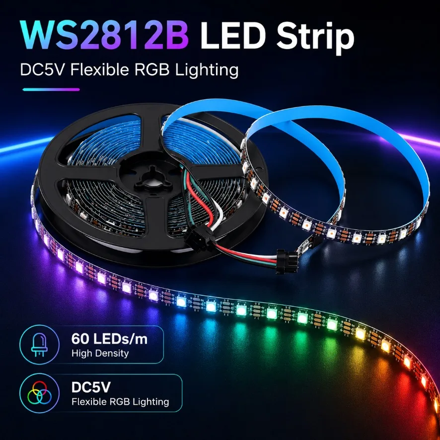 Tira de LED Inteligente RGBIC WS2812B 5050 DC5V, Direccionable Individualmente, IC 30/60/144LEDs/M, PCB Negro/Blanco, IP30 IP67, Lámpara Impermeable