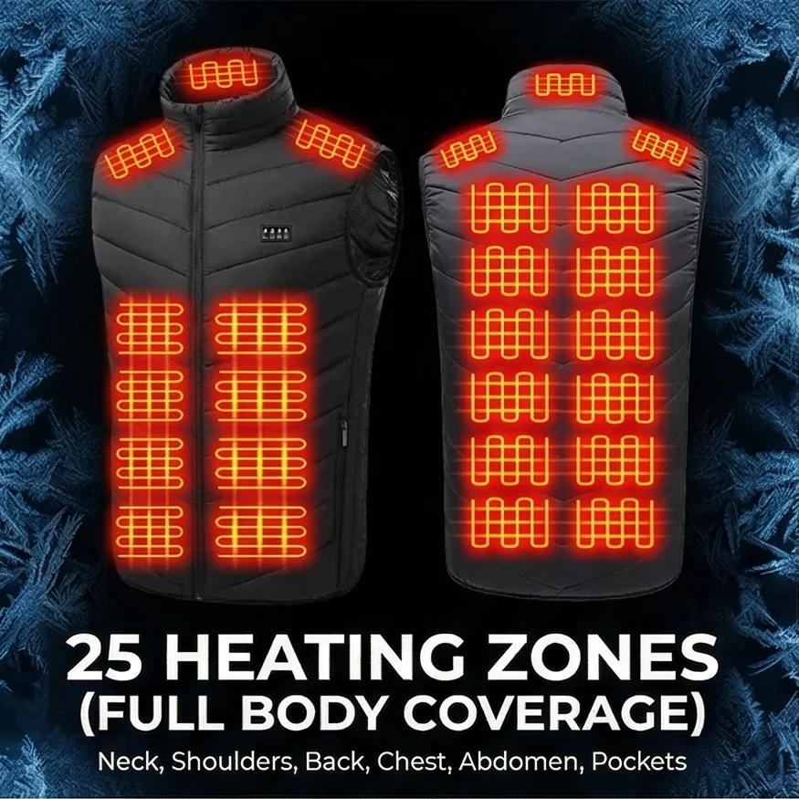 Chaleco Térmico Inteligente de Invierno con Calentamiento Rápido, 25 Zonas de Calor, 3 Ajustes de Temperatura, Control de 4 Zonas, Puerto USB para Hombres, para Actividades al Aire Libre