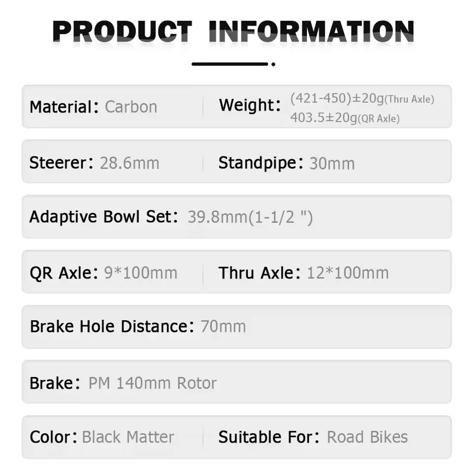 Horquilla de Bicicleta de Carretera TOSEEK T800 de Carbono, Horquilla Delantera para Bicicleta de Carretera 700C*32mm, Eje Pasante 12*100mm, Eje QR 9*100mm, Recto o Cónico