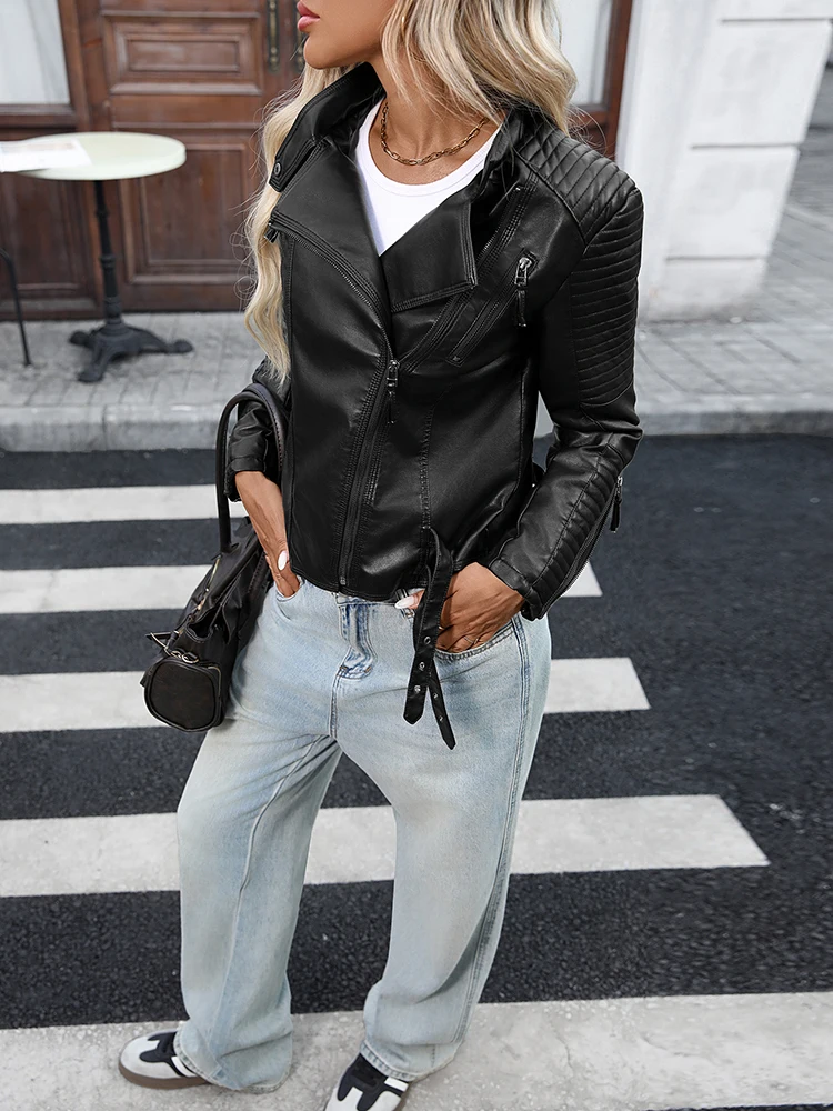 Ailegogo nueva primavera otoño mujer Moto Biker chaqueta de piel sintética negra ropa de calle mujer abrigo con cremallera prendas de vestir