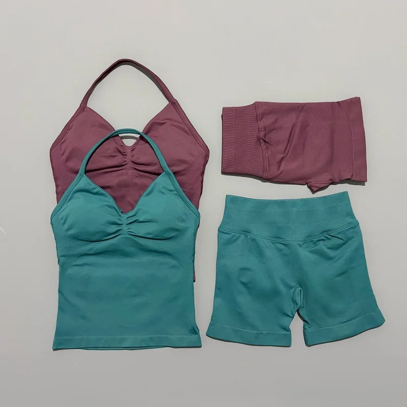 Conjunto Deportivo de 2 Piezas para Mujer: Top de Yoga sin Espalda y Shorts Scrunch de Cintura Alta Sin Costuras - Ideal para Gimnasio y Entrenamiento