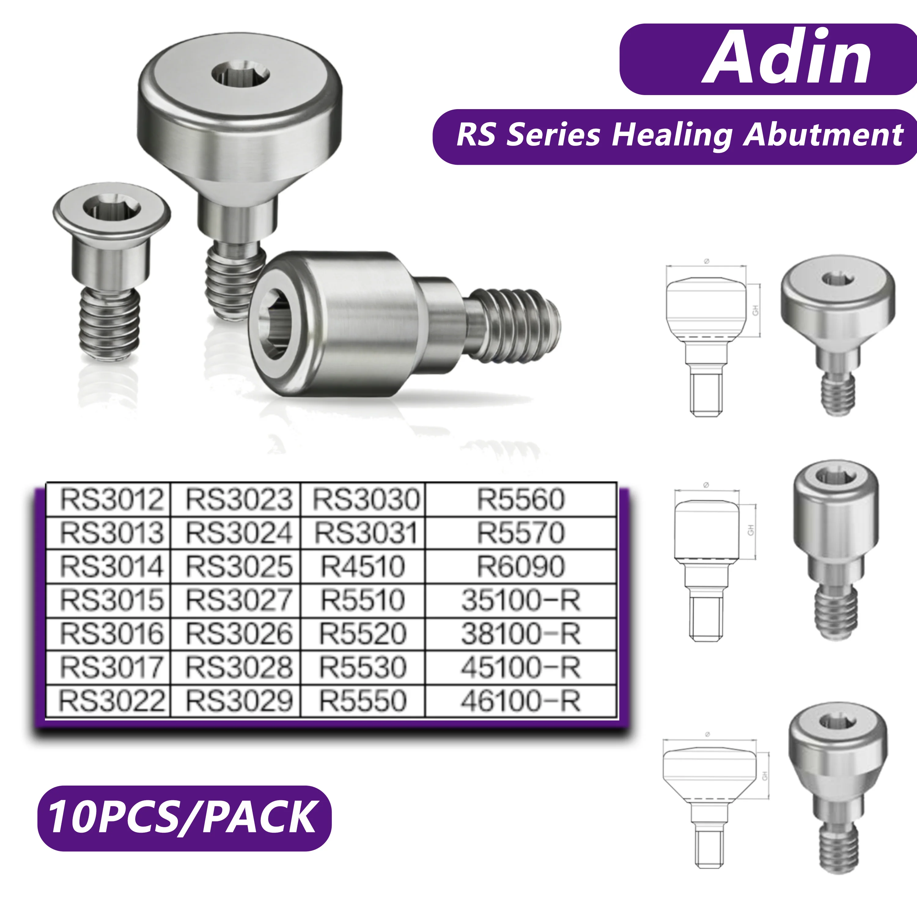 Lote de 10 Piezas de Soportes de Titanio para Prótesis Dentales de la Serie Adin RS |   Accesorios de Curación para Implantes Dentales Compatibles con Adin
