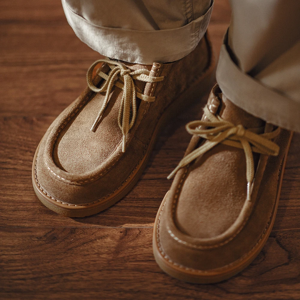 Botas Bajas de Gamuza Dividida Color Caqui Vintage Maden, Mocasines Casuales con Suela Suave, Zapatos de Vestir con Cordones, Zapatos Clásicos para Hombre, Primavera-Otoño