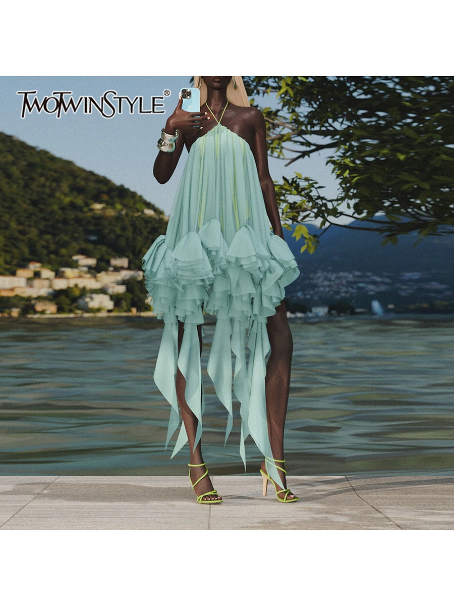 TWOTWINSTYLE Vestido Mini Holgado con Volantes y Diseño de Parches para Mujer, Cuello Halter, Sin Mangas, con Cordones, Moda Femenina, Nuevo