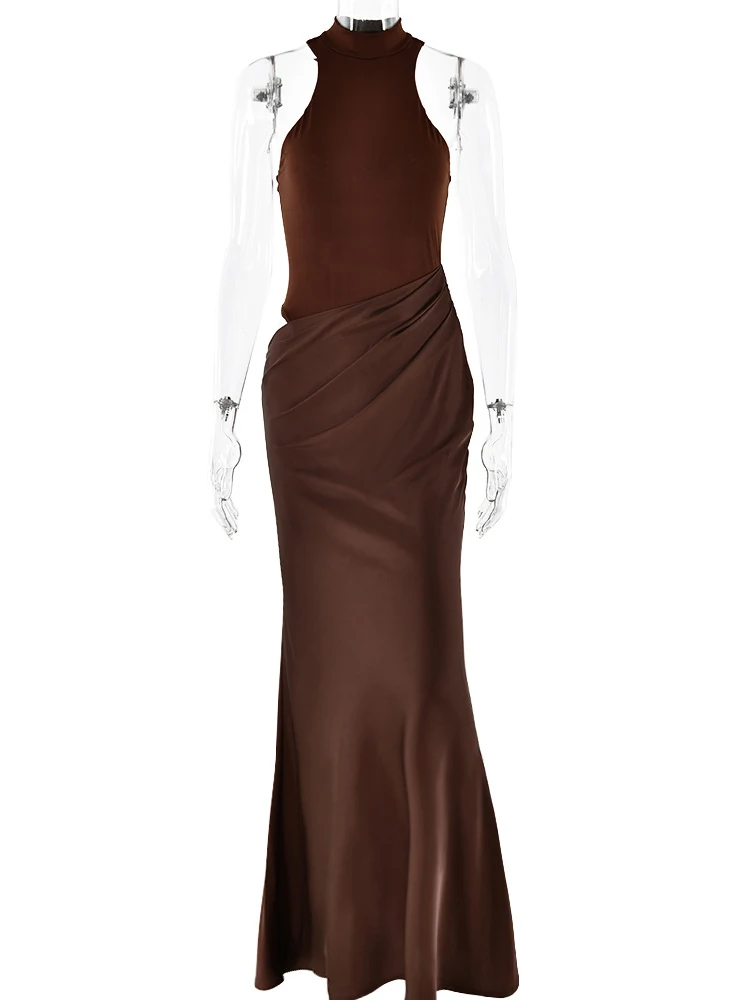 JULISSA MO satén Sexy ahuecado mujeres Maxi vestido negro sin mangas vestido de cintura alta mujer otoño ajustado elegante fiesta Clubwear