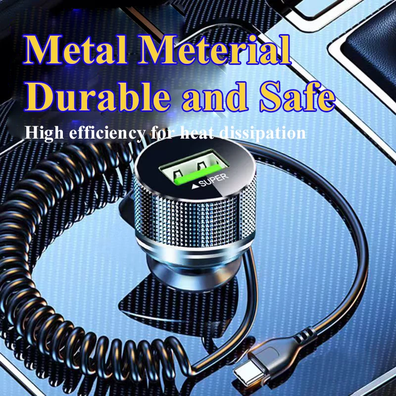 Cargador de coche USB de Metal EDEBA con Cable tipo C 12V adaptador de vehículo de carga súper rápida 2 en 1 para iPhone Samsung Huawei VIVO OPPO