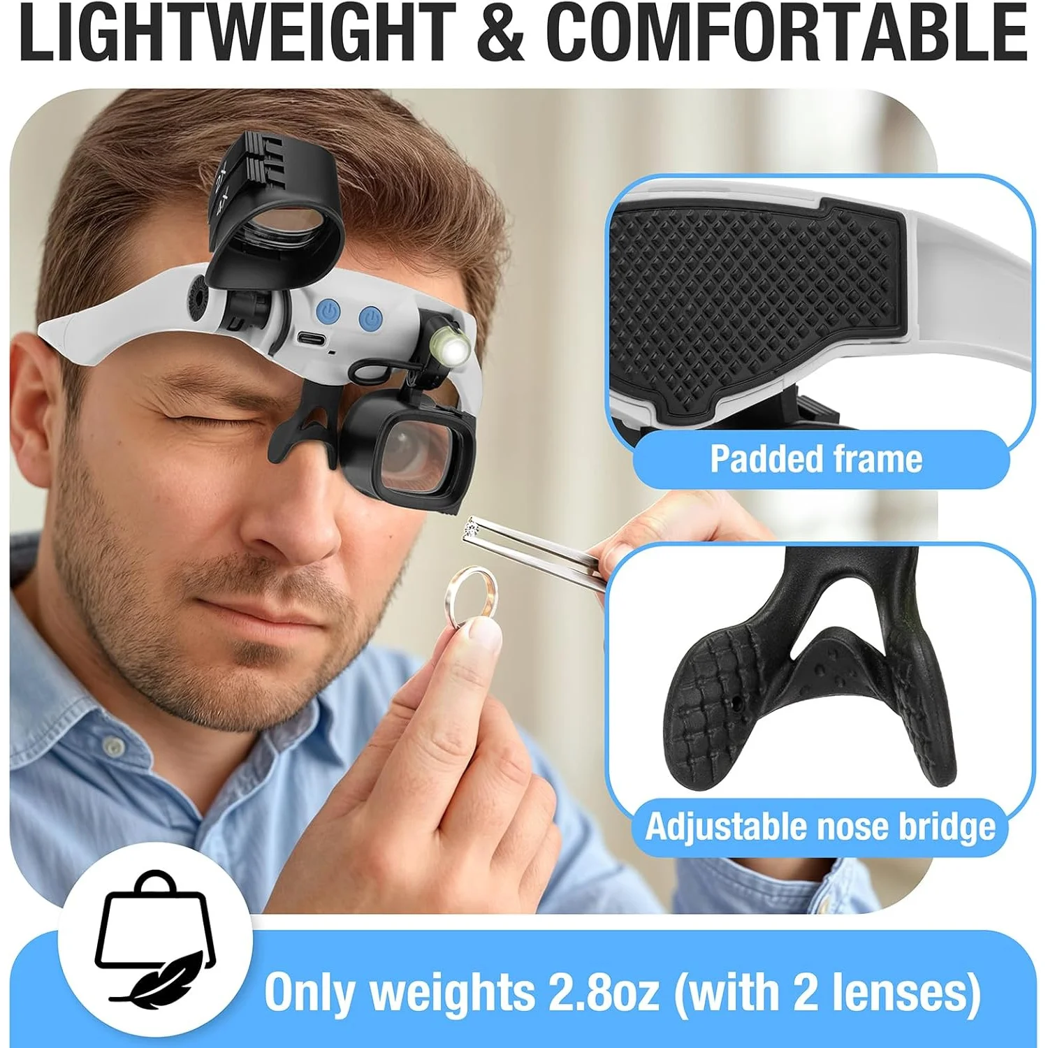 Lupa LED de cabeza con lentes intercambiables (paquete de 2) con bolsa de almacenamiento y lentes de 2X, 4X, 6X, 10X, 13X, ideal para trabajos de precisión, reparación de relojes, soldadura de placas de circuitos, grabado a mano e identificación de joyas.