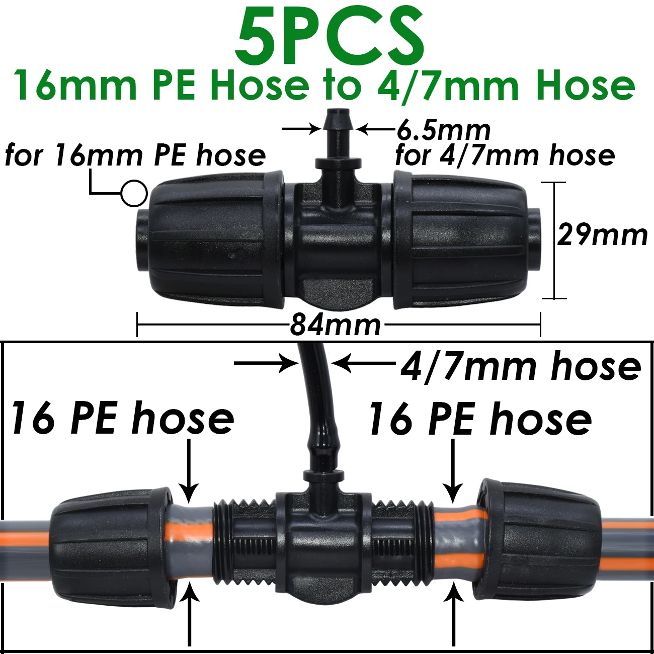 KESLA 5 uds 16mm 1/2 ''PE conector de tubo divisor en T acoplamiento bloqueo roscado a 4/7mm 3/5mm manguera jardín riego por goteo