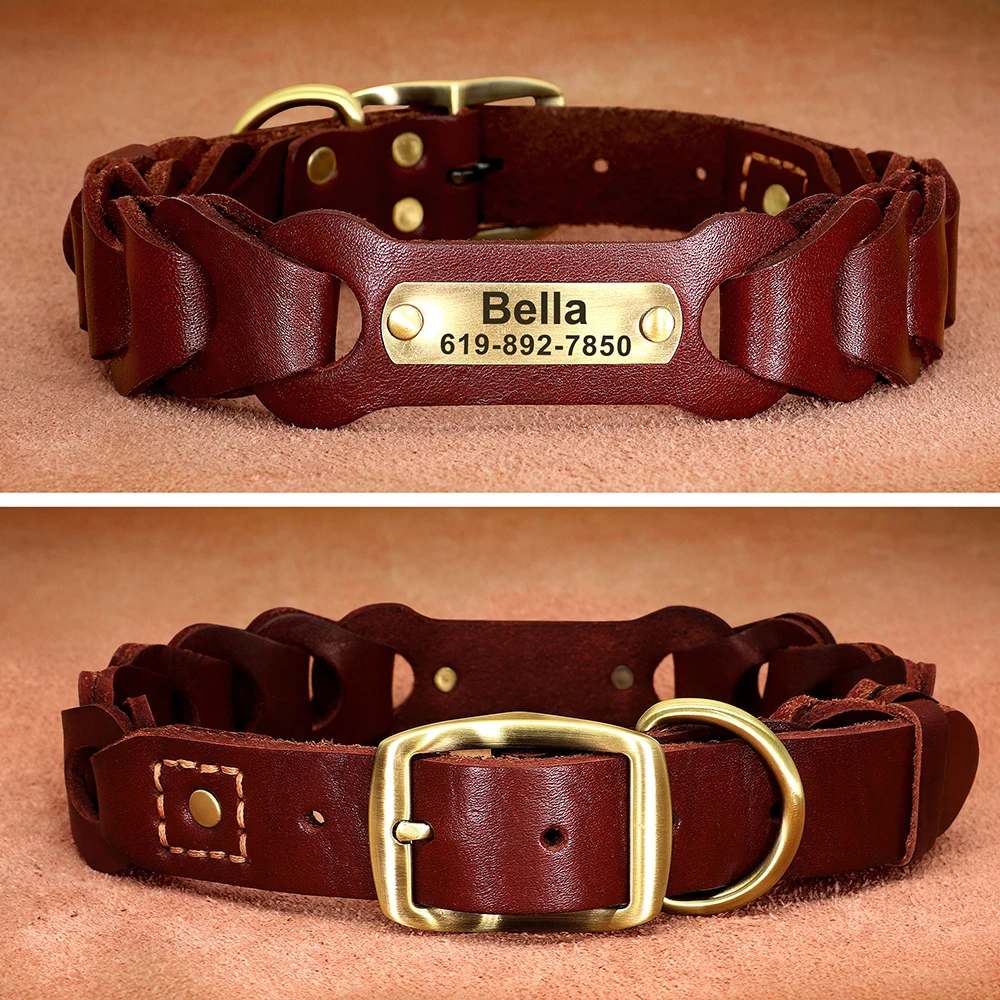 Collar de piel auténtica para perro, personalizado, mediano y grande, identificación de mascotas, Pitbull, grabado de nombre
