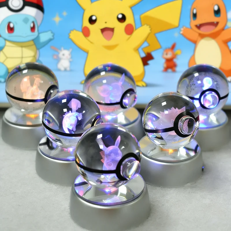 Bola de Cristal Pokémon 3D de 5CM, Mewtwo, Pikachu, Gengar, Bola de Cristal Pokémon, Figura Pokeball, Lámpara LED con Base de Luz Nocturna, Regalo