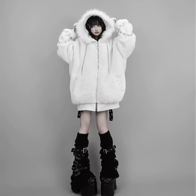 Mauroicardi Otoño Invierno de gran tamaño cálido suave blanco abrigo de piel sintética mujeres con capucha Harajuku moda chaqueta mullida ropa de calle 2025