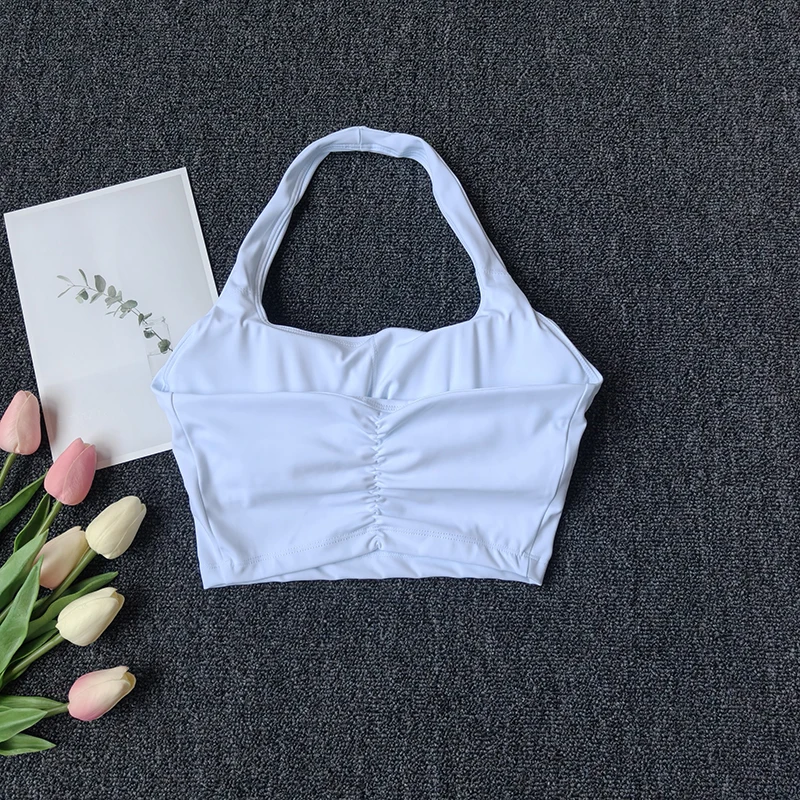 Chaleco deportivo con cuello Halter, almohadillas para el pecho, reunión a prueba de golpes, Top de Yoga para Fitness de secado rápido, parte de atrás bonita, ropa interior para mujer