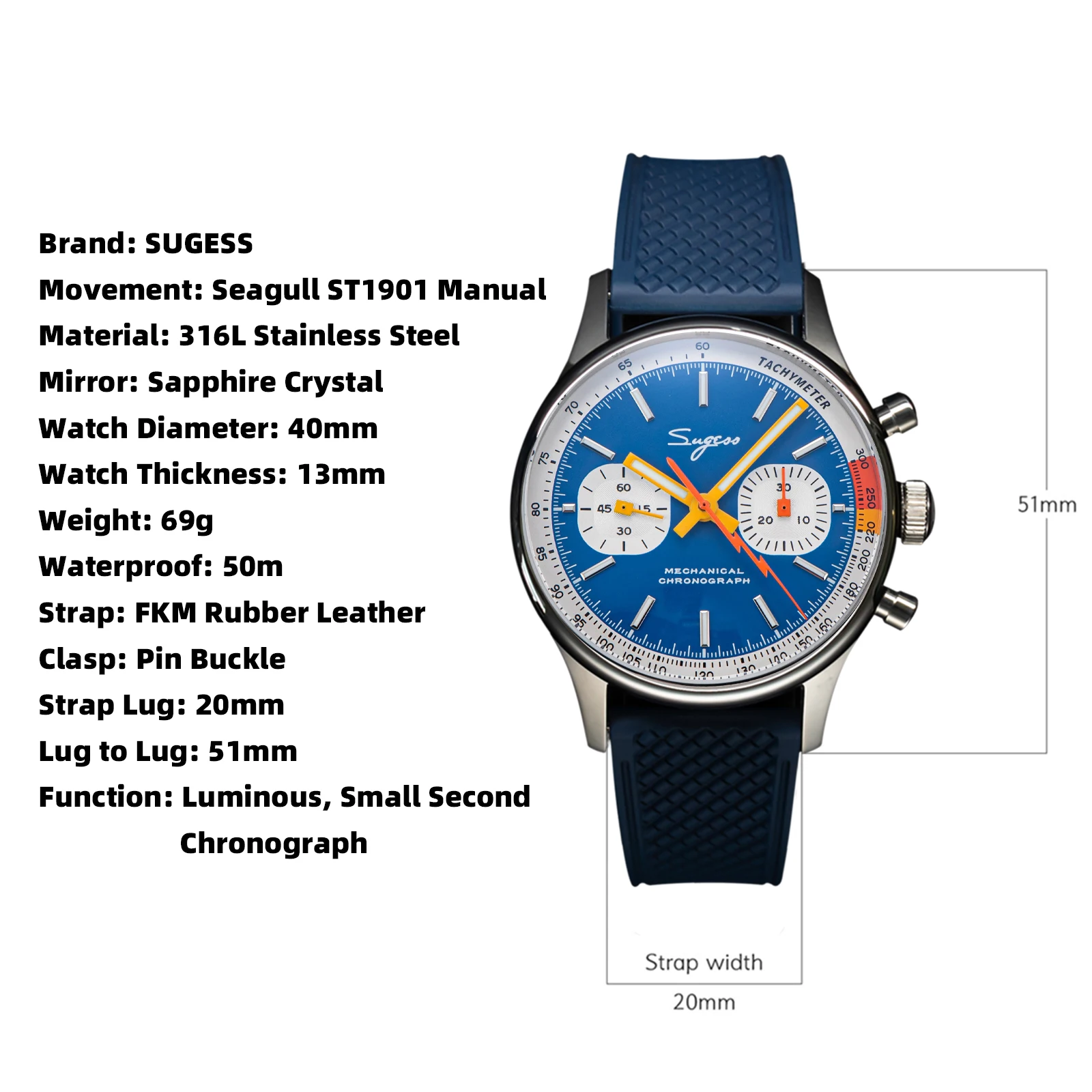 Reloj piloto Sugess con movimiento de gaviota, reloj de pulsera con cuello de cisne, cronógrafo mecánico, cristal de zafiro, carreras limitadas militares 1963