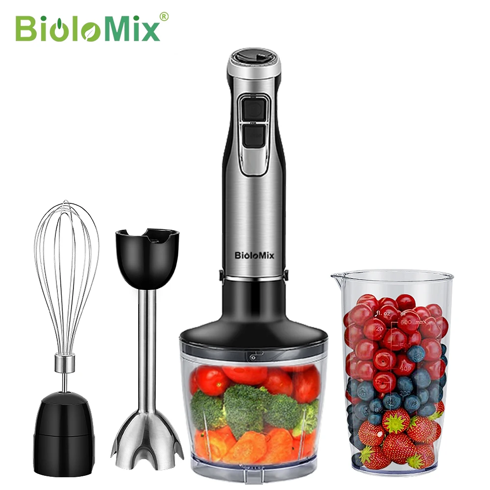 BioloMix-batidora de mano de inmersión 4 en 1, alta potencia, 1200W, incluye picadora y taza para batidos, cuchillas de hielo de acero inoxidable