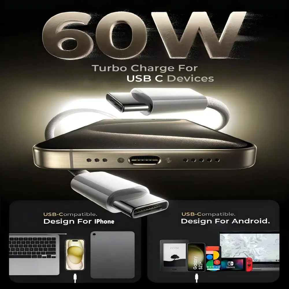 3 Cables USB Tipo C a C de 60W, 1m y 2m, para iPhone 15, 16, 17 Pro Max, iPad, Samsung, Vivo, Cargador de Datos, Carga Rápida PD de 60W, Original USBC