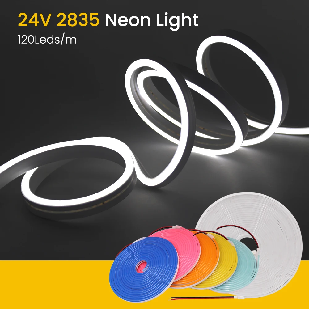 Tira de luces Led de neón de 24V 2835 IP67, cuerda de neón suave impermeable, luz naranja, rojo, azul, verde, blanco, rosa, amarillo para decoración del hogar