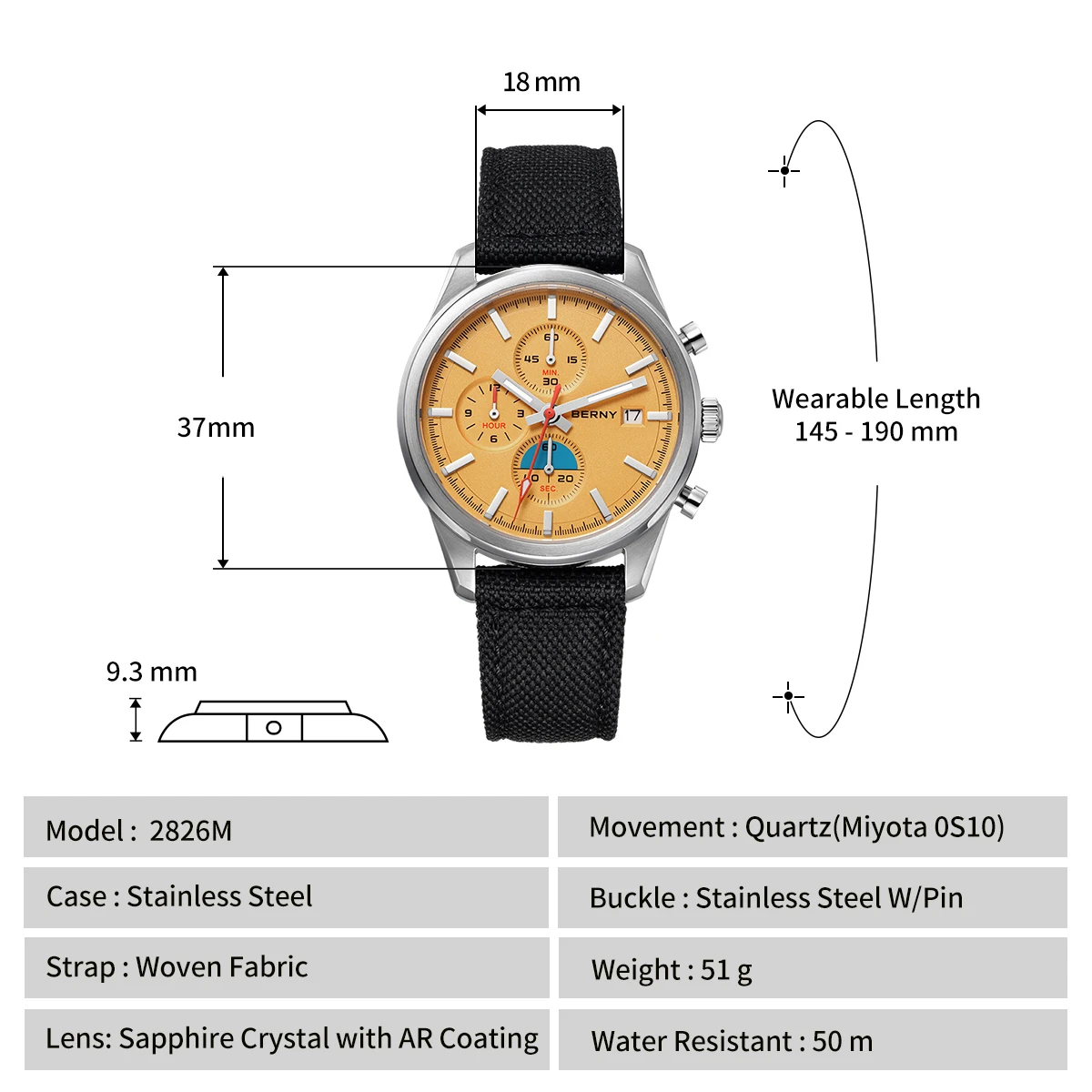 Reloj BERNY cronógrafo de cuarzo para hombre, luminoso, Miyota OS10, de lujo, con revestimiento AR, zafiro, resistente al agua hasta 5ATM, 2026, relojes deportivos para hombre