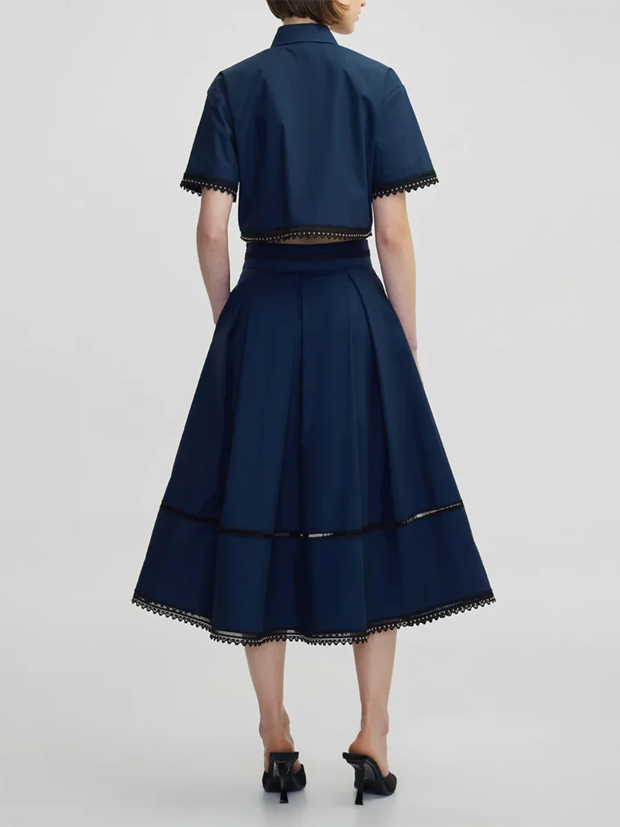 TWOTWINSTYLE, conjuntos lisos de dos piezas para mujer, Tops de manga corta con solapa, falda acampanada de cintura alta, conjuntos adelgazantes, estilo de moda femenina