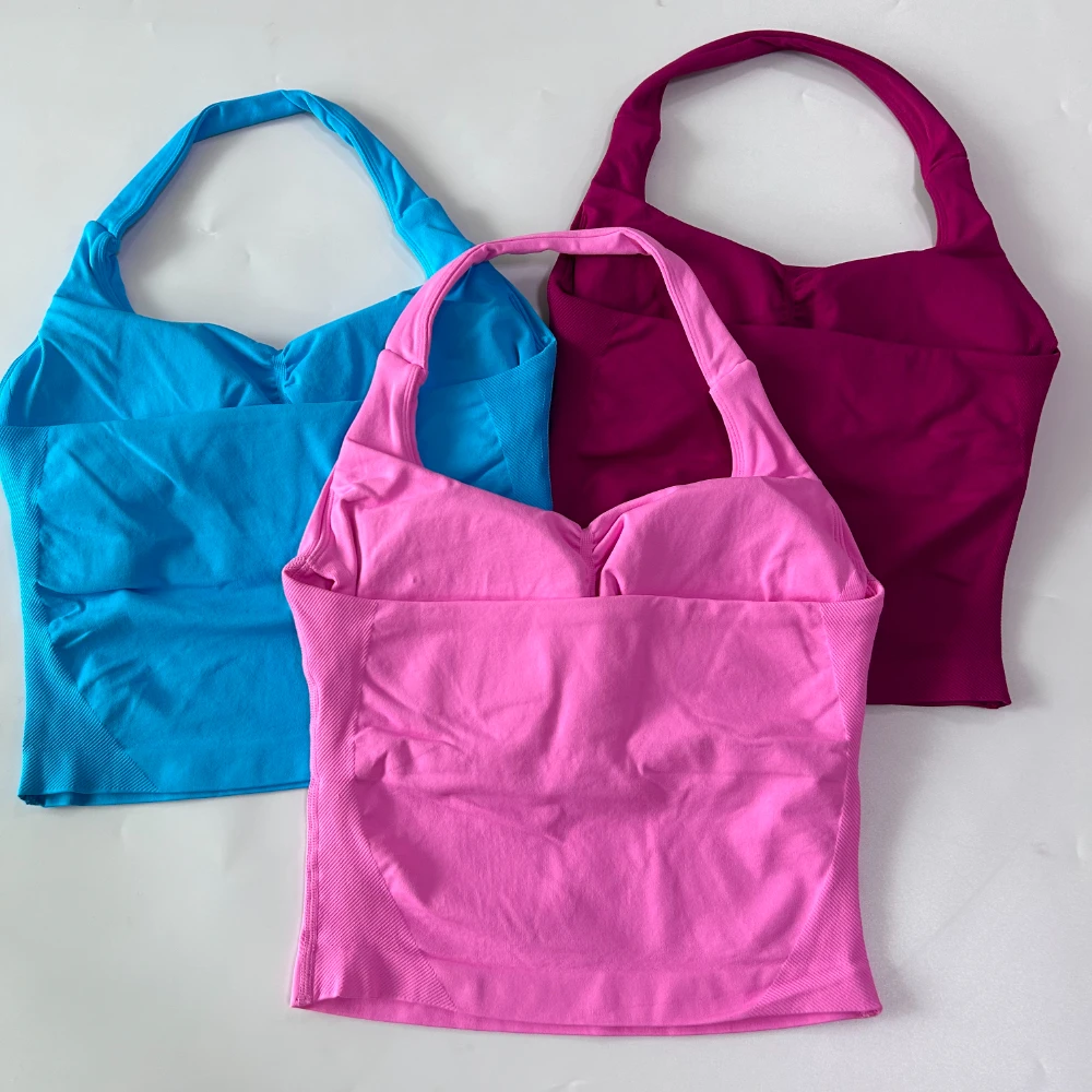 Top sin costuras con cuello Halter para mujer, Top de gimnasio acolchado con tiras y palangre sin espalda, sujetador incorporado, copas extraíbles, ropa deportiva, camisetas sin mangas para Yoga