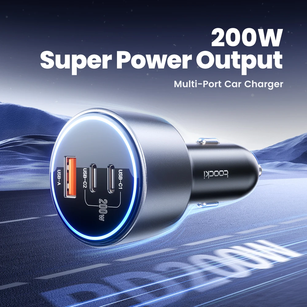 Toocki 200W cargador de coche USB tipo C QC 4,0 PPS 45W PD 100W carga rápida USB C cargador de teléfono de coche para iPhone 16 15 Samsung Macbook